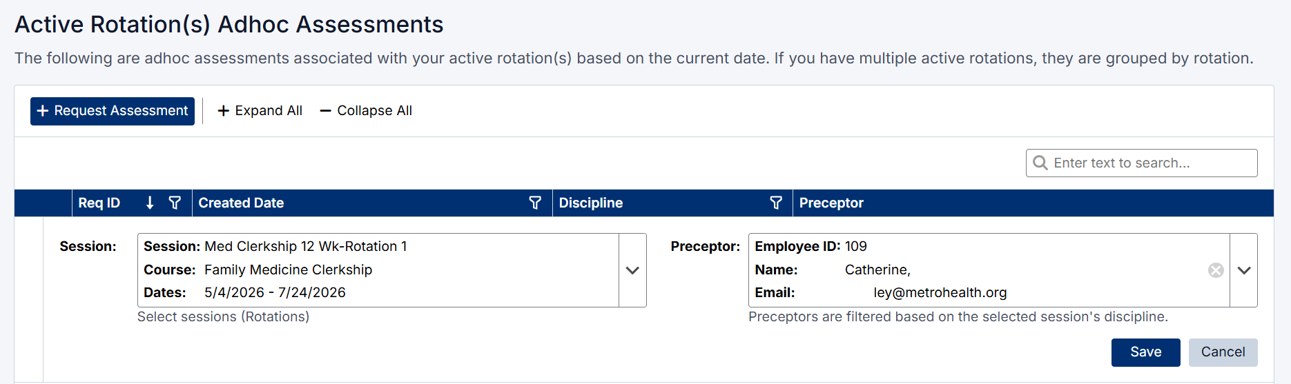 Request an Adhoc Assessment Screen