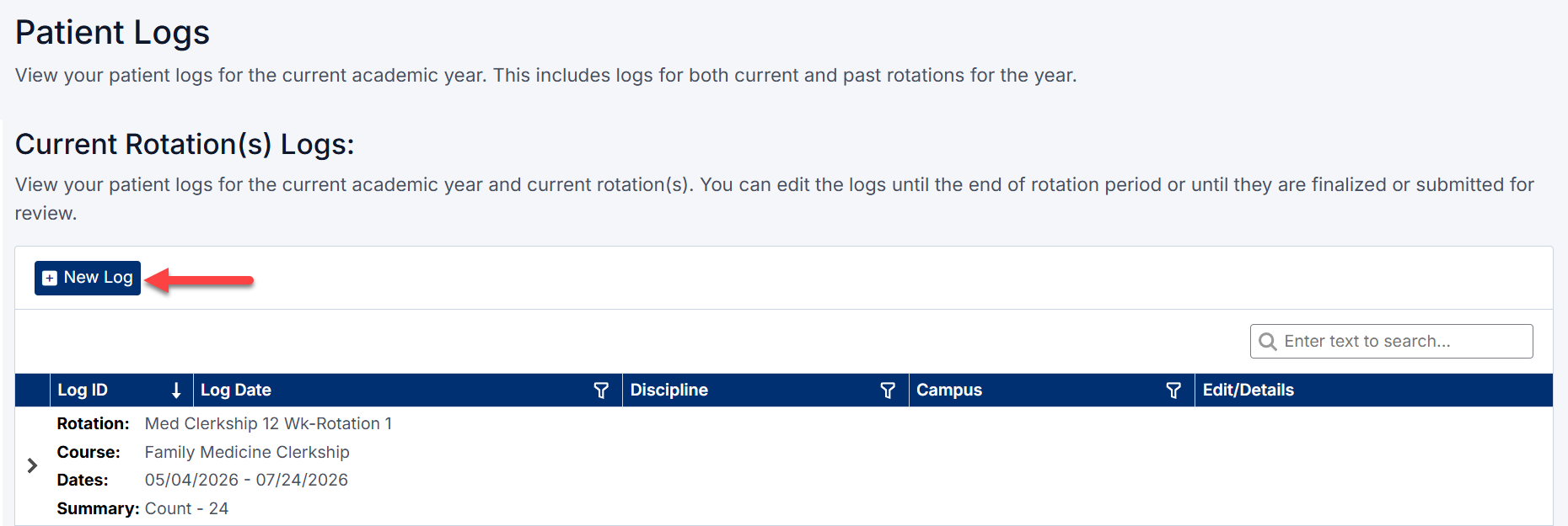 Create Patient Log screen