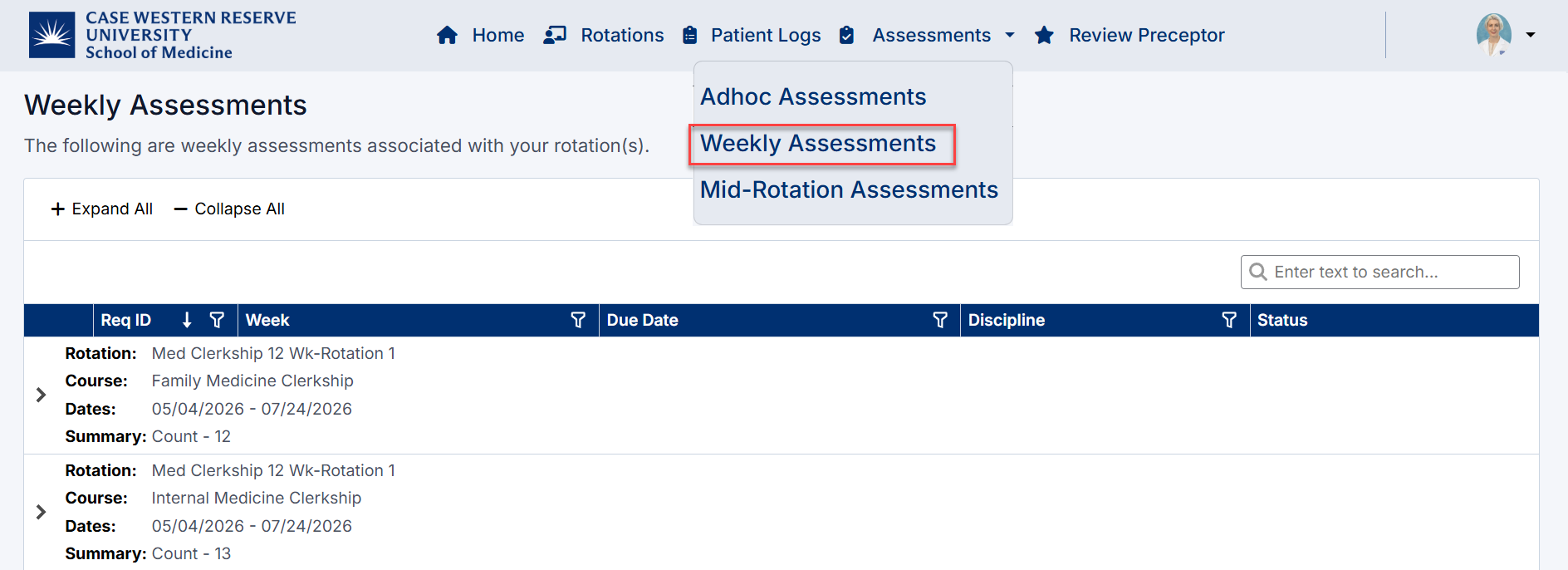 Weekly Assessment Navigation